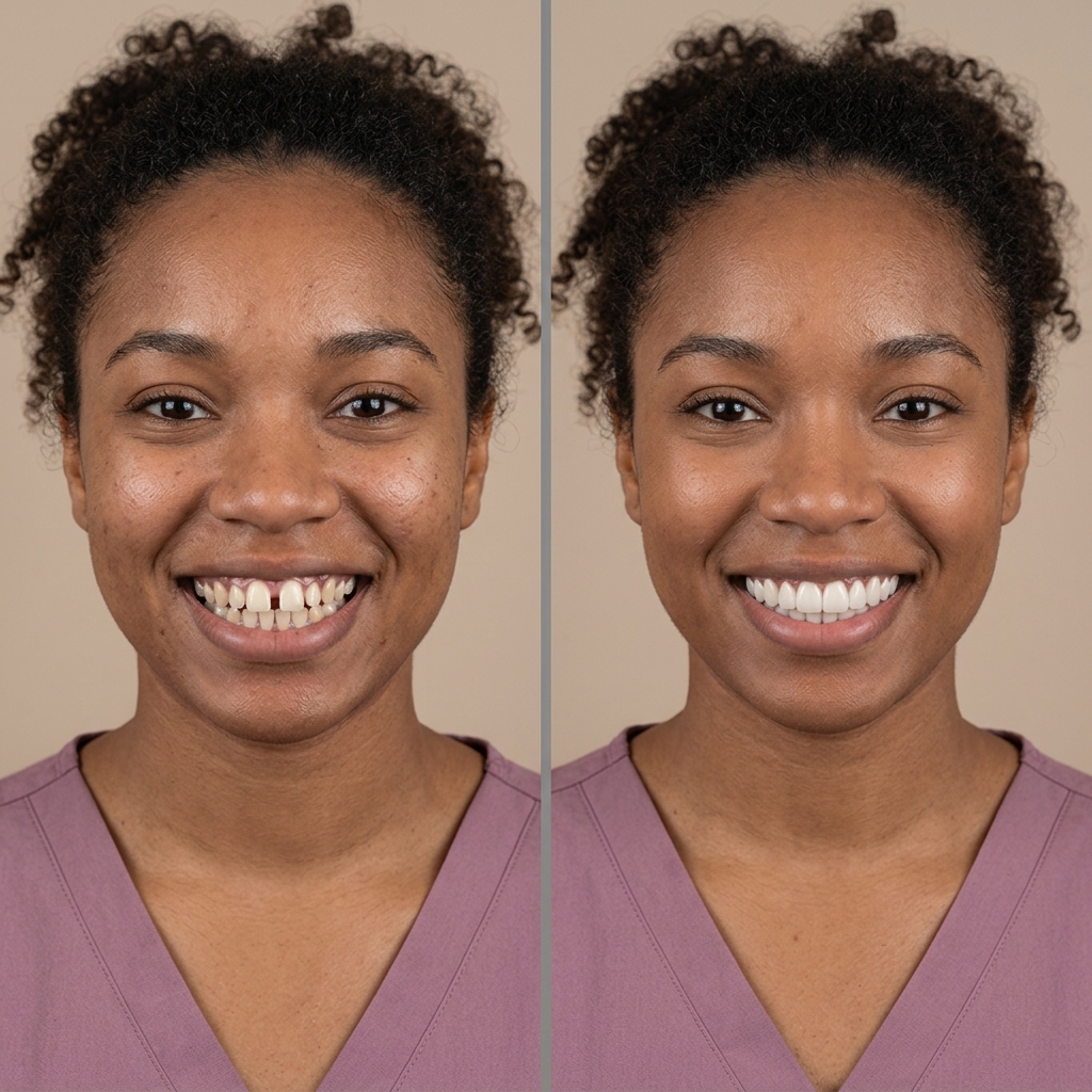 Patient smile before and after implant and veneers by Dr. Leila Nikpour