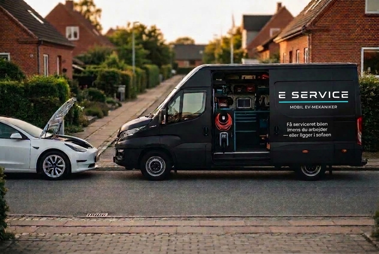 E Service mobilt elbil-værksted med åben sidedør parkeret ved en Tesla med åben motorhjelm i et dansk villakvarter