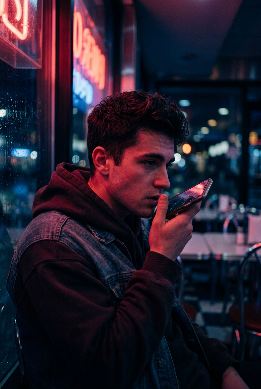 Young man confessing into his phone at night, lit in red