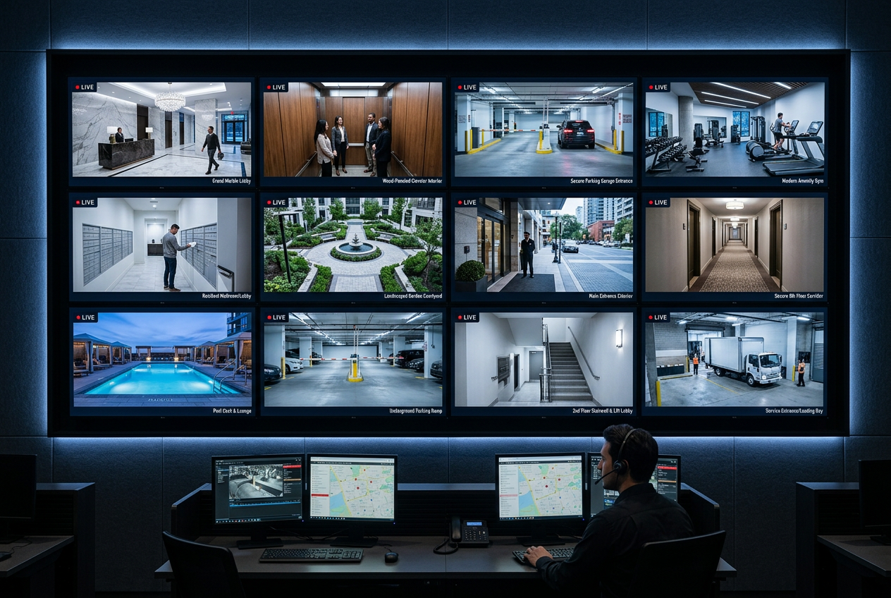 Redline command center monitoring luxury condominium camera feeds in real time
