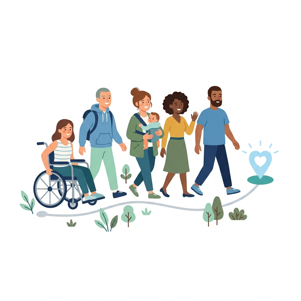 Diverse people, including a wheelchair user, walking together along a mapped path