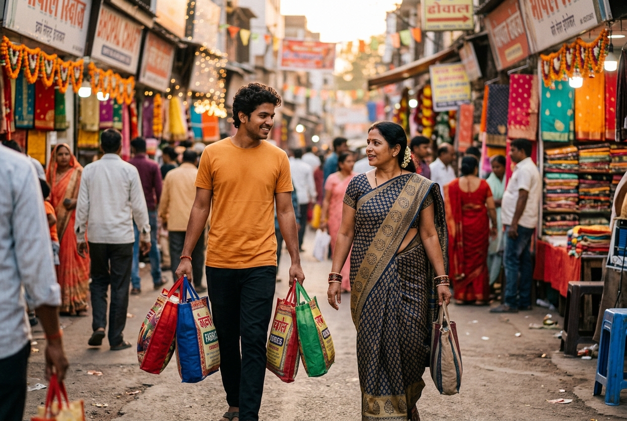 A CHELA helping carry shopping bags through a Bhopal market