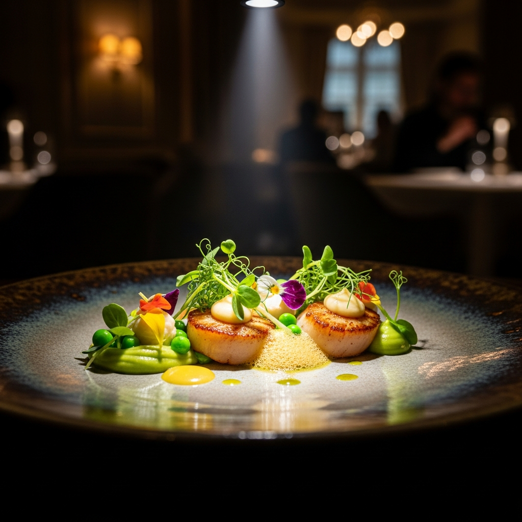 Plated fine dining course (neutral editorial imagery)