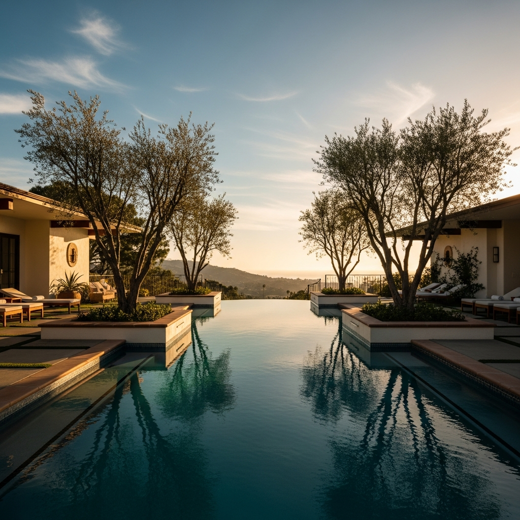 Neutral luxury infinity pool with palms, editorial cover imagery