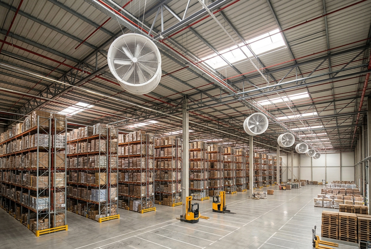 Entrepôt logistique équipé de destratificateurs d'air au plafond