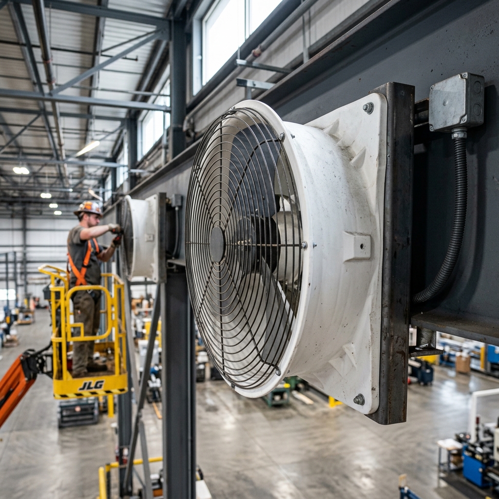 Destratificateur d'air fixé à une poutre, installation par un technicien en nacelle