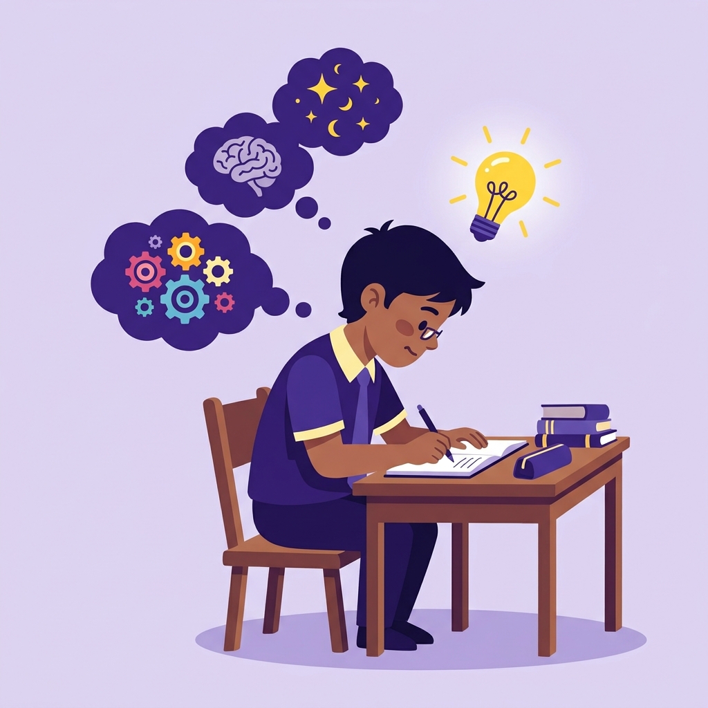 Boy writing in a journal with a glowing lightbulb