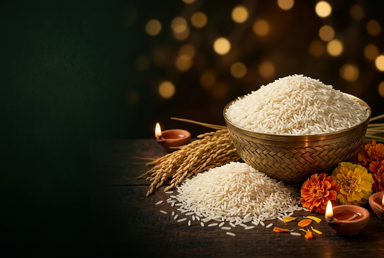 Festive rice, marigolds and diyas