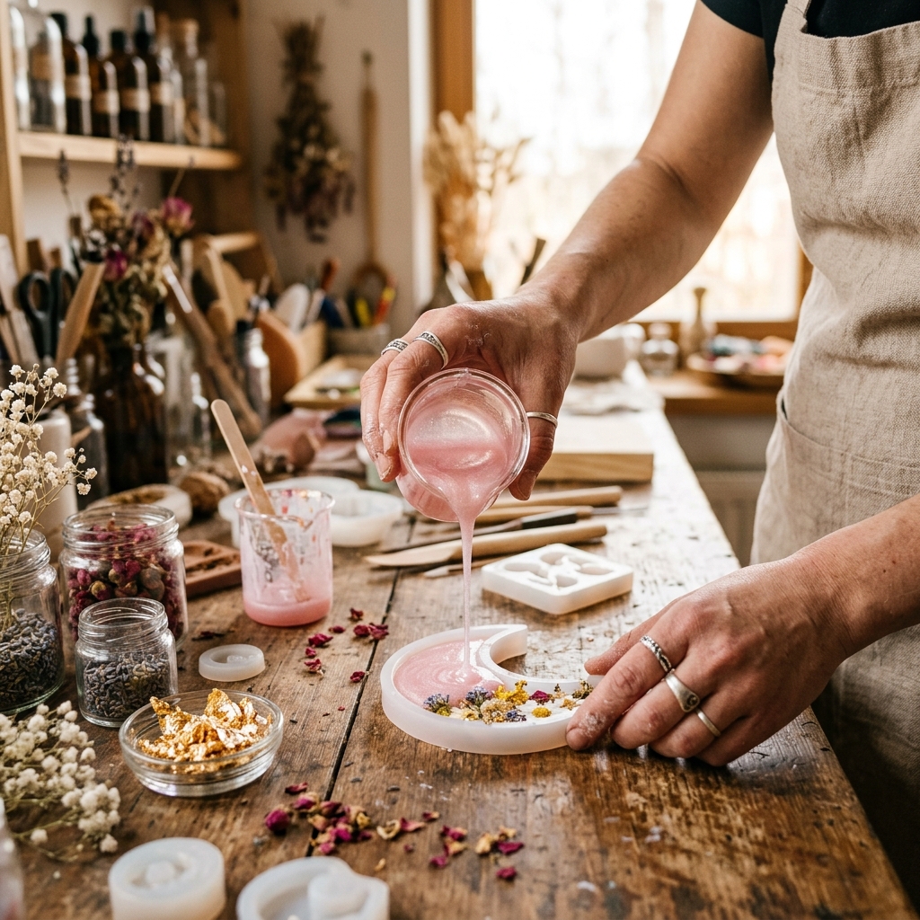 Pouring blush resin in the studio