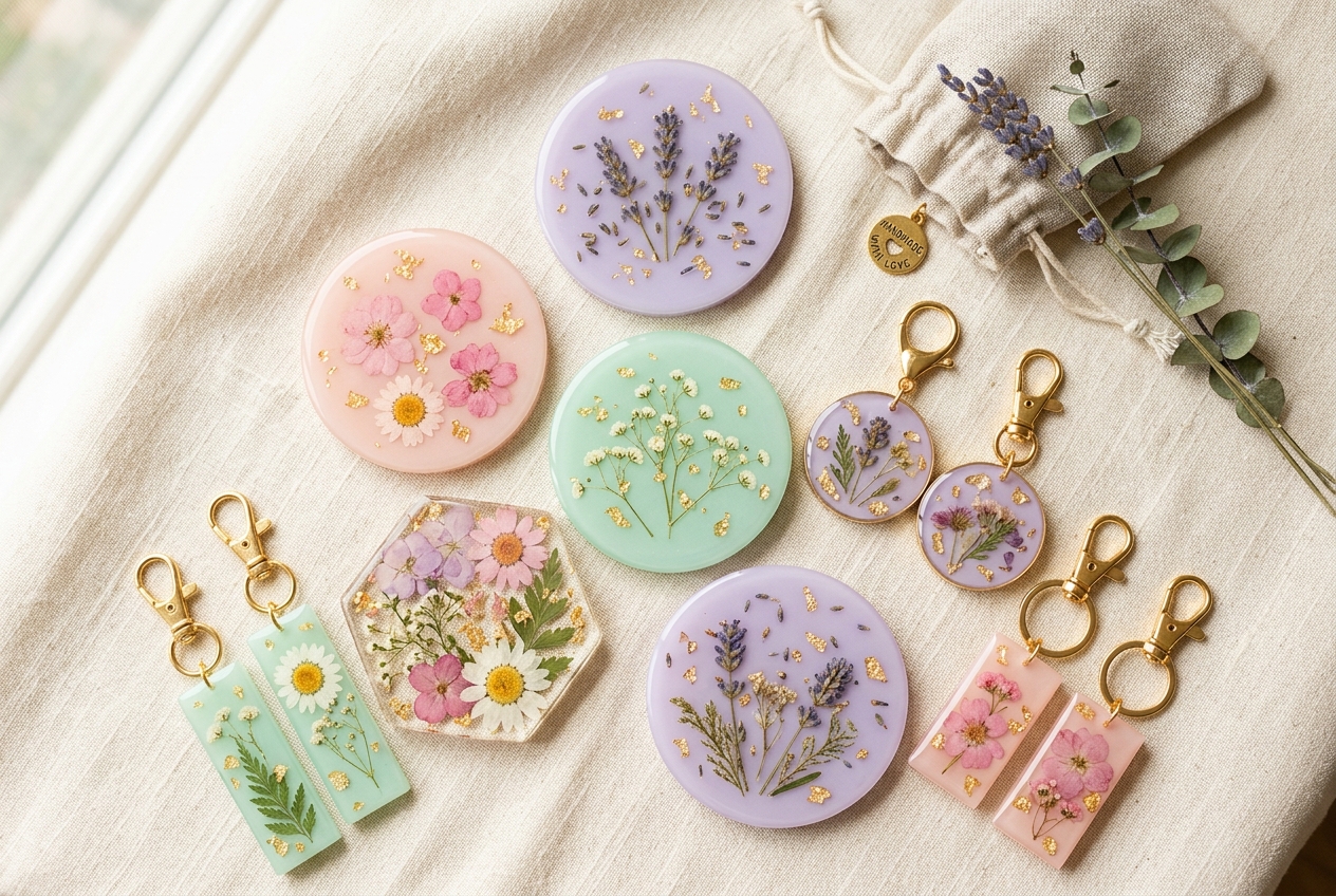 Handmade pastel resin coasters, keychains and pendants by Givora Crafts, Hyderabad