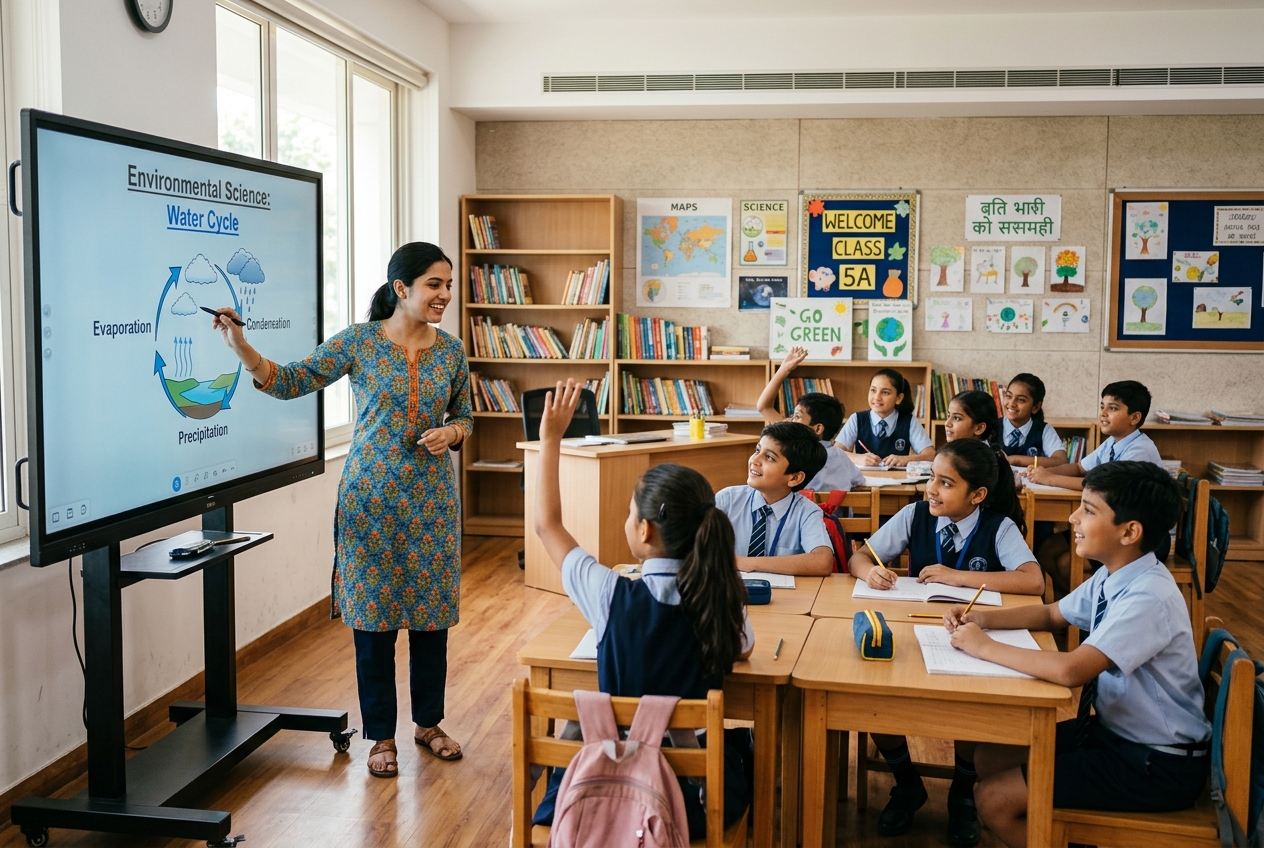 Indian classroom with teacher and students
