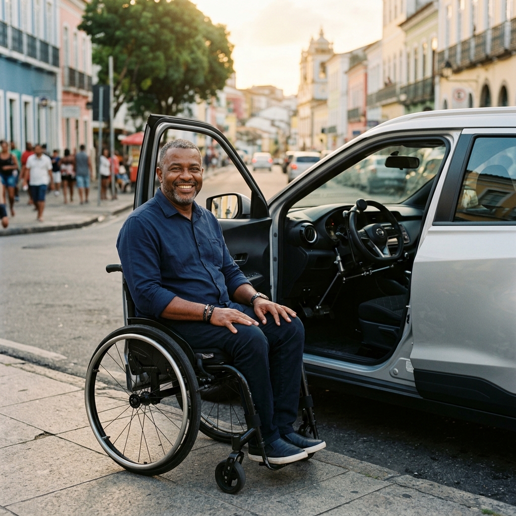 Condutor PCD sorrindo ao lado de veículo adaptado