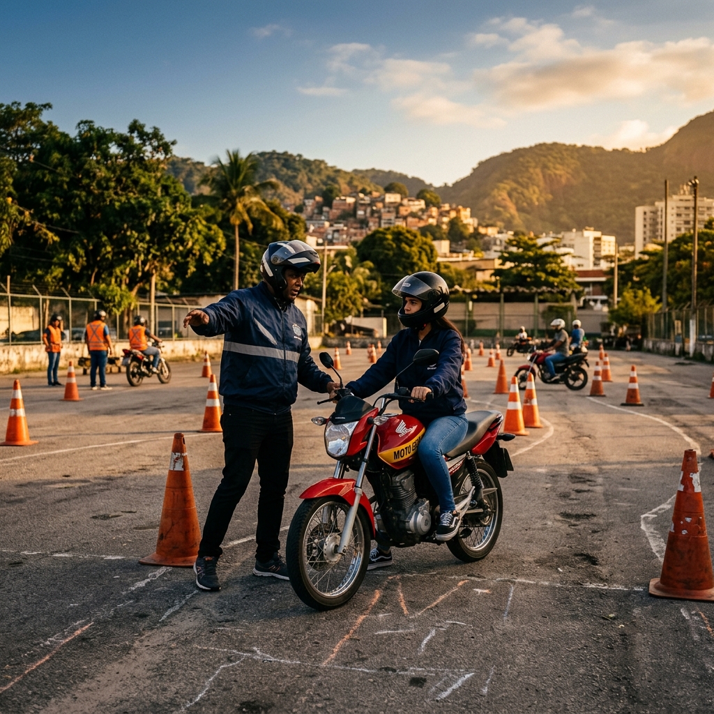 Instrutor orientando aluna em aula prática de moto com cones