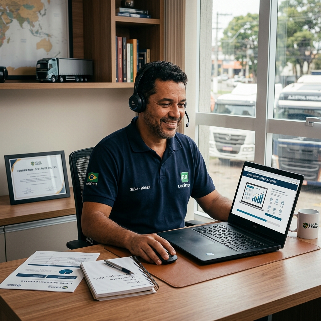 Motorista profissional estudando curso online no notebook