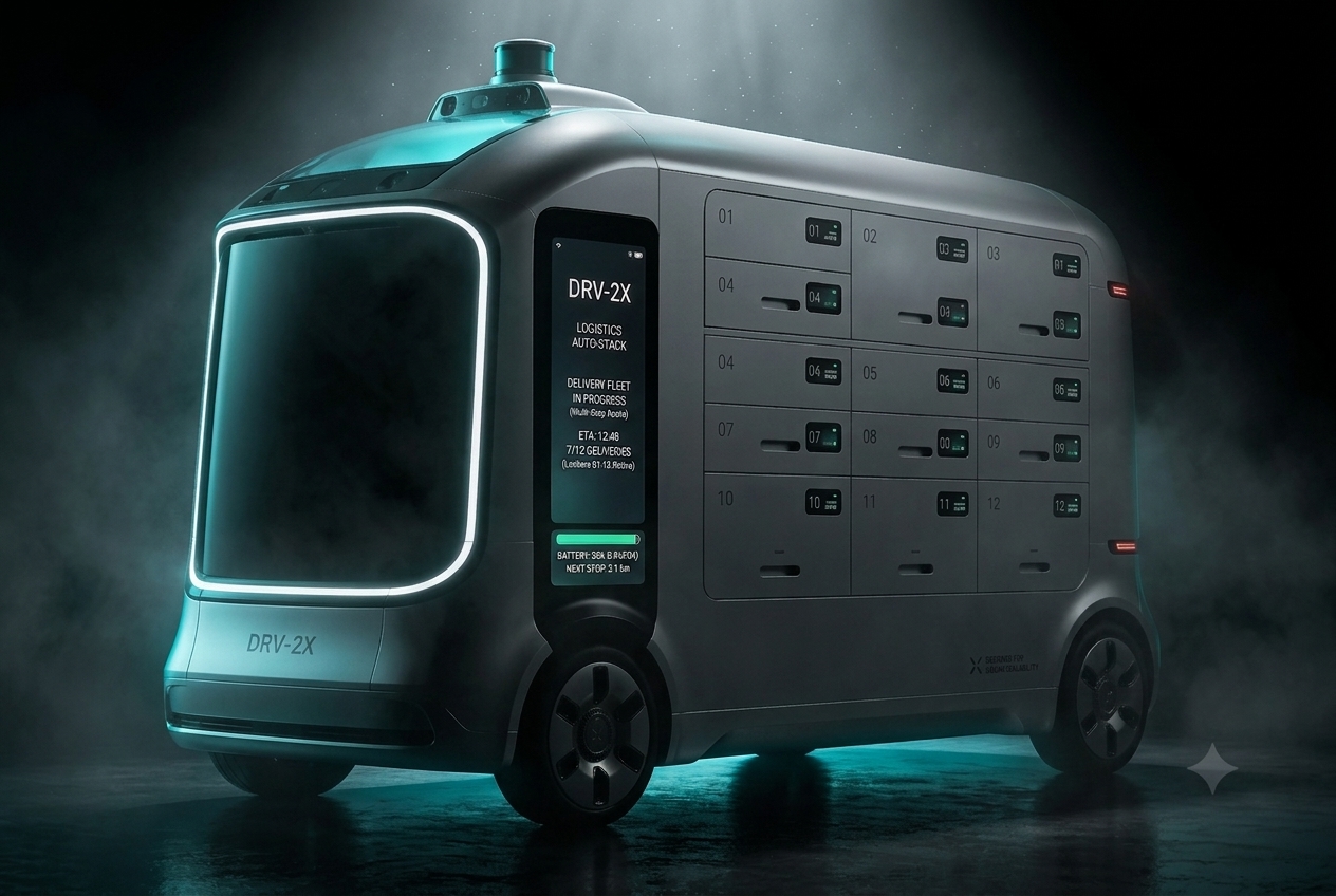 DRV-2X autonomous delivery vehicle under studio spotlight
