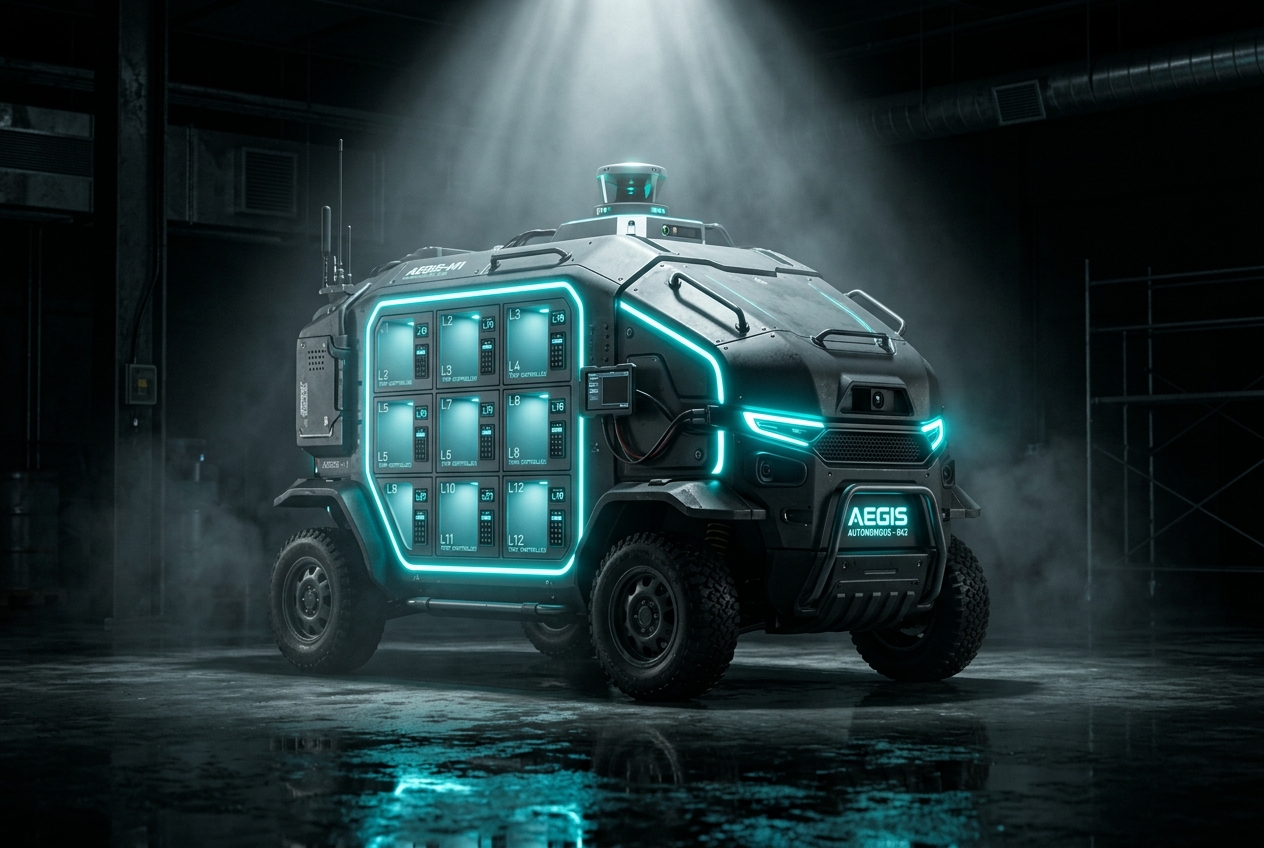 DRV-2X autonomous delivery vehicle under studio spotlight