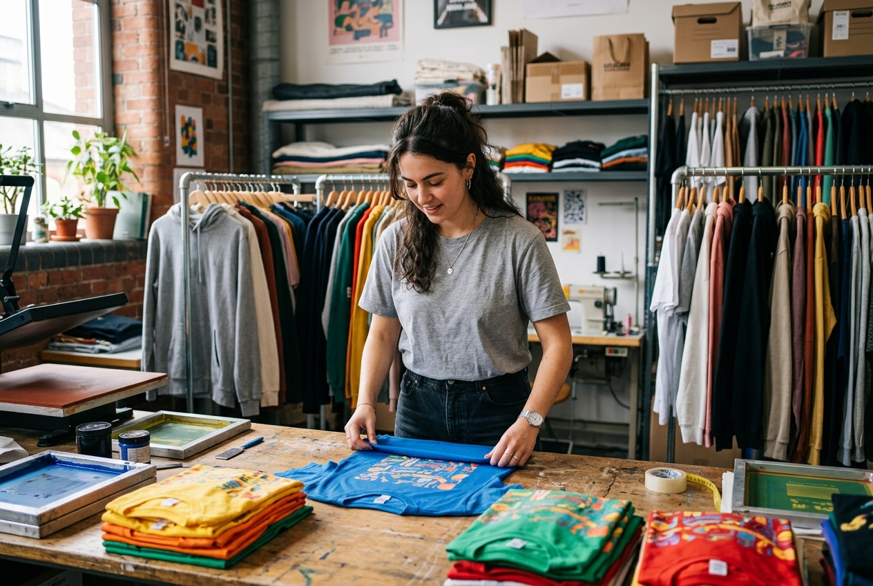 Empreendedora a dobrar t-shirts da sua marca de roupa