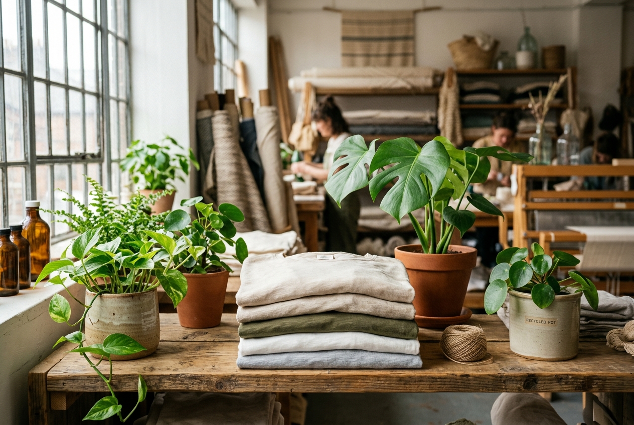 T-shirts de algodão orgânico em tons naturais num estúdio têxtil