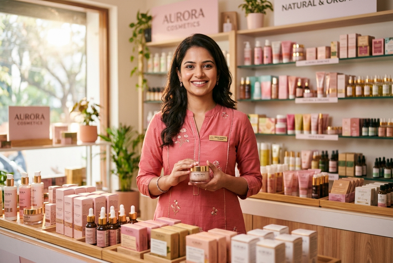 Female founder proudly standing in her retail cosmetics shop stocked with products