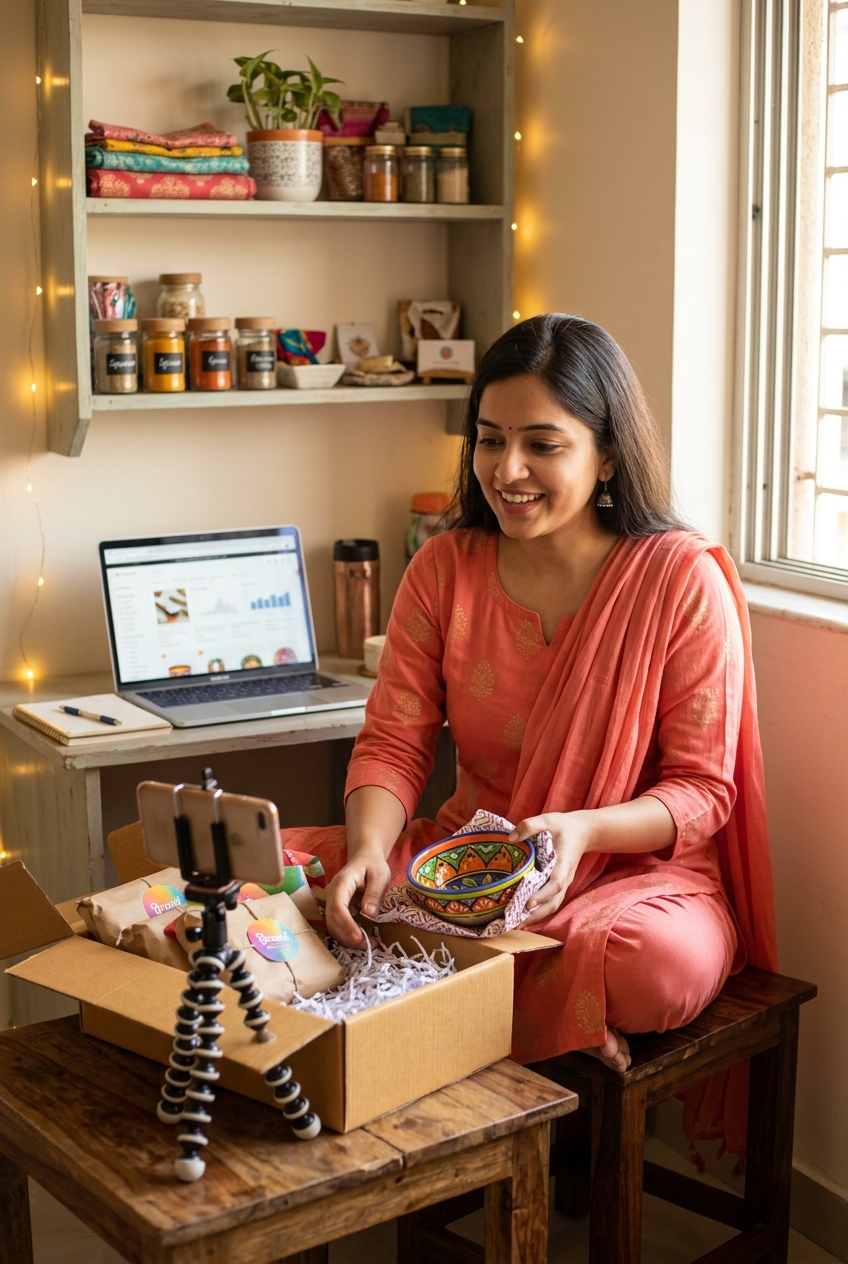 Young woman entrepreneur packing orders from her home business