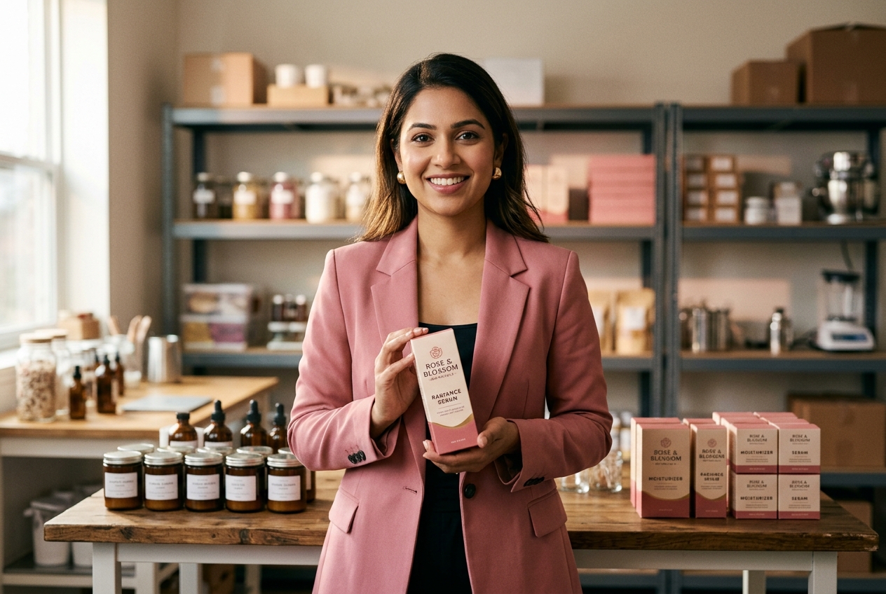 Female manufacturer founder proudly reviewing her branded product in her production studio
