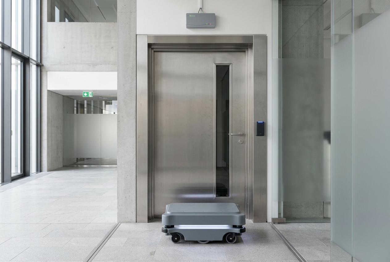 An autonomous platform waiting at an access-controlled door with a card reader