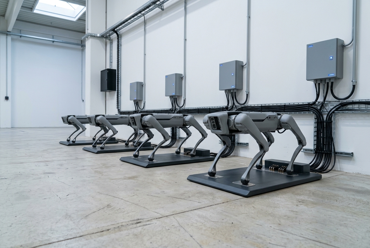 A row of autonomous platforms resting in charging docks in a service bay