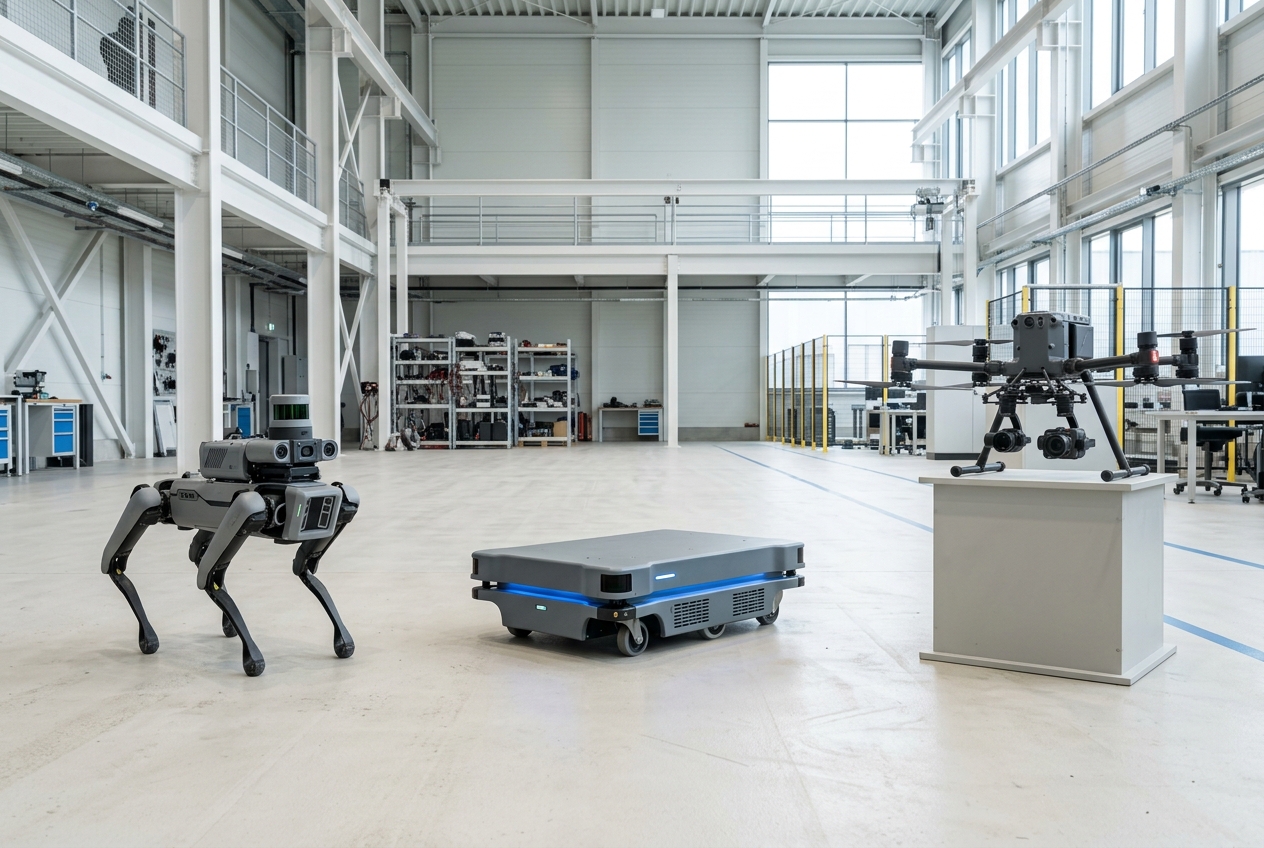 Legged, wheeled and aerial platform classes operating under one common framework in the same facility