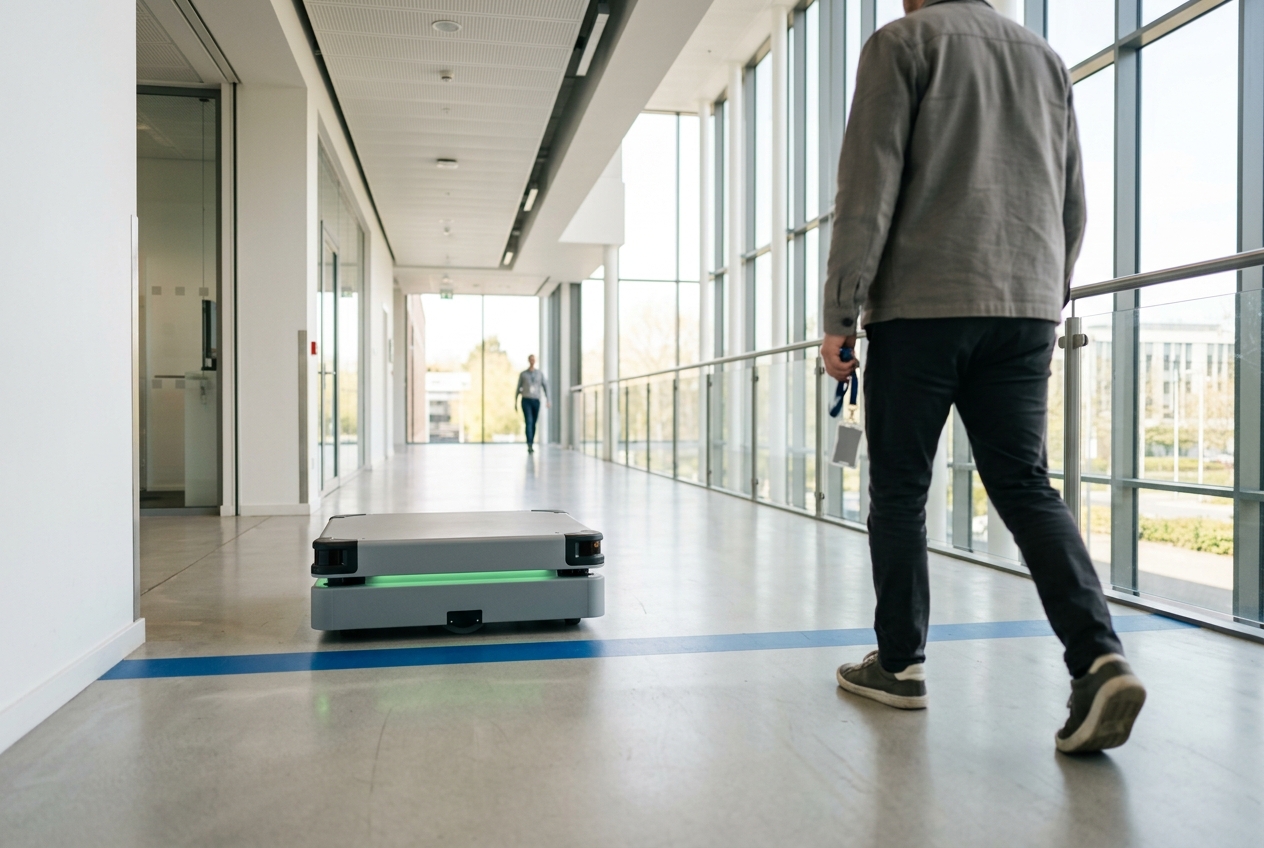 An autonomous platform holding behind a marked floor threshold while a person passes