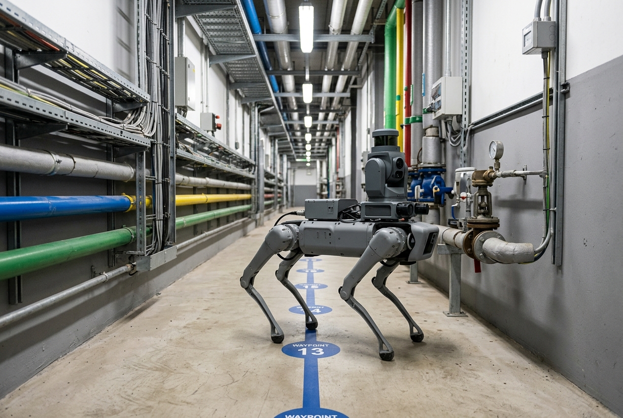 An autonomous platform holding position on a numbered floor waypoint along a defined inspection route
