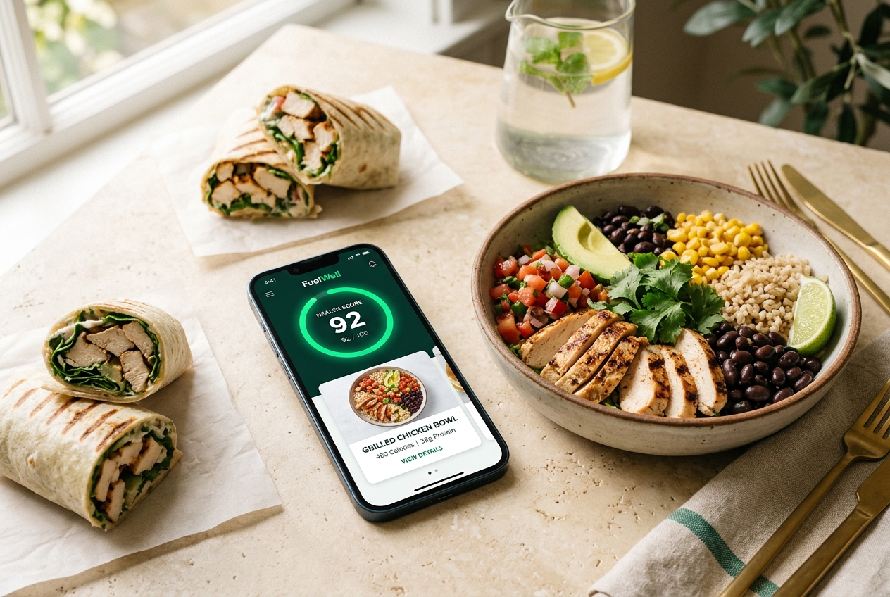 QuickBite app showing a health score next to a healthy fast food bowl