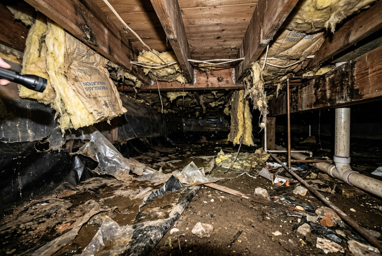 Damp crawlspace before encapsulation