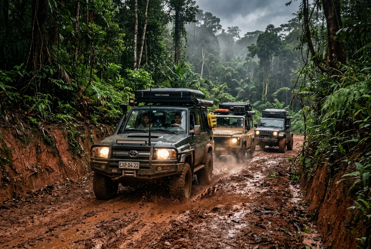 Off-road convoy on a dirt trail