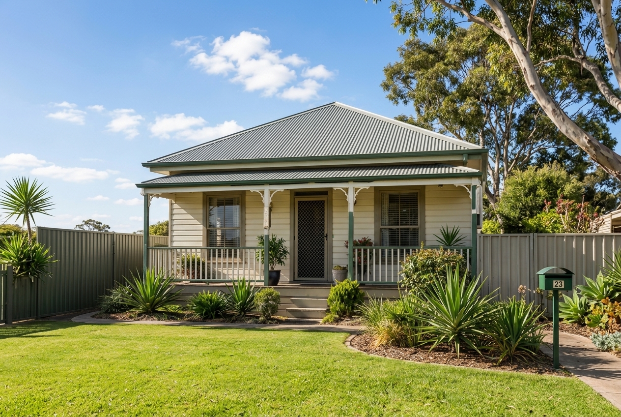 Freshly mowed lawn in front of a classic weatherboard home