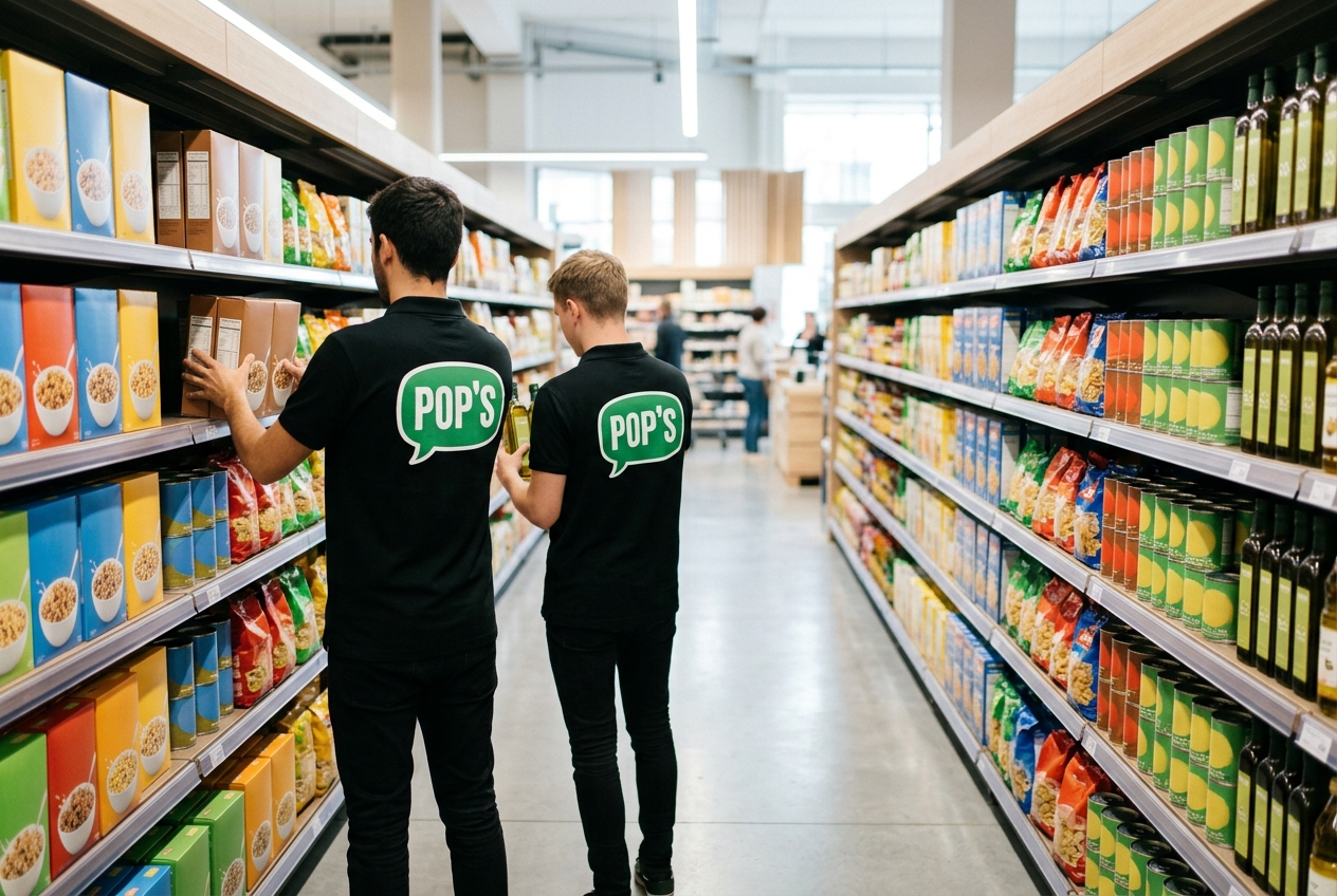 Rayon d'alimentation générale : produits par lots de 3 mis en rayon par des employés POP'S