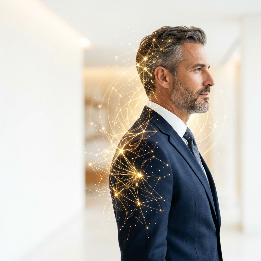 Dirigeant en profil entouré d'un réseau neuronal doré