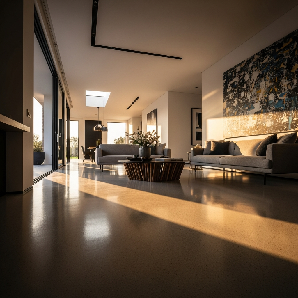 High-end glossy epoxy floor in modern home