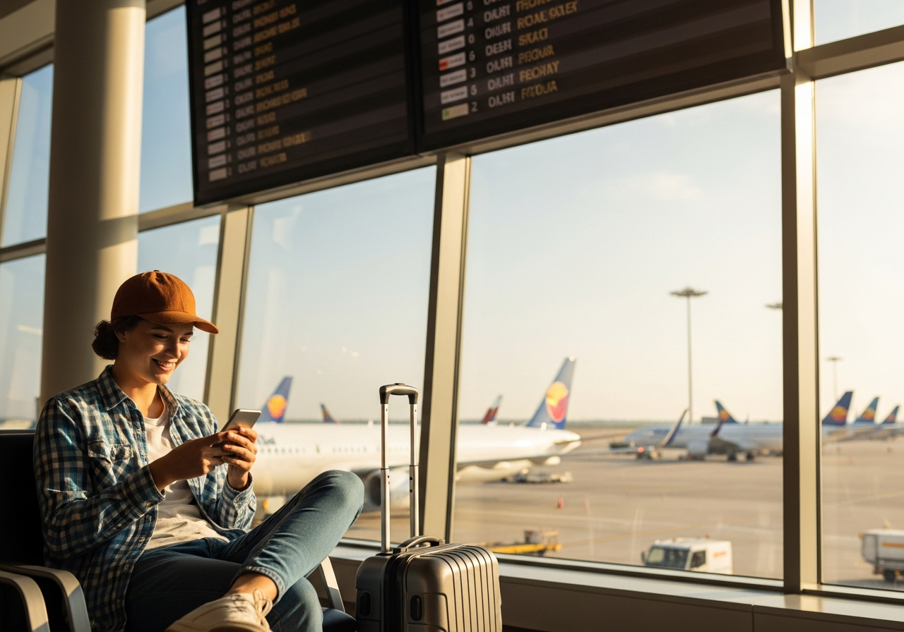 Happy traveler connected at airport