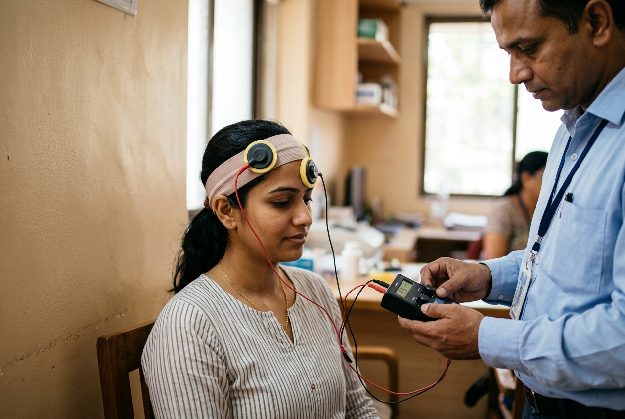 A patient wearing a tDCS headband with sponge electrodes while a doctor sets the stimulator current