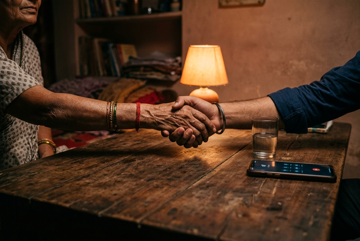 Two hands clasped together across a table in warm lamp light