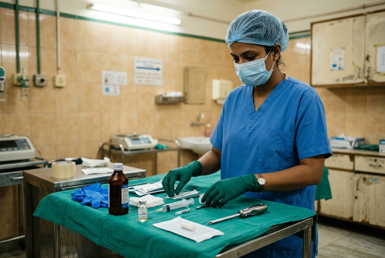 A sterile tray prepared for a minor naltrexone implant procedure in a hospital procedure room
