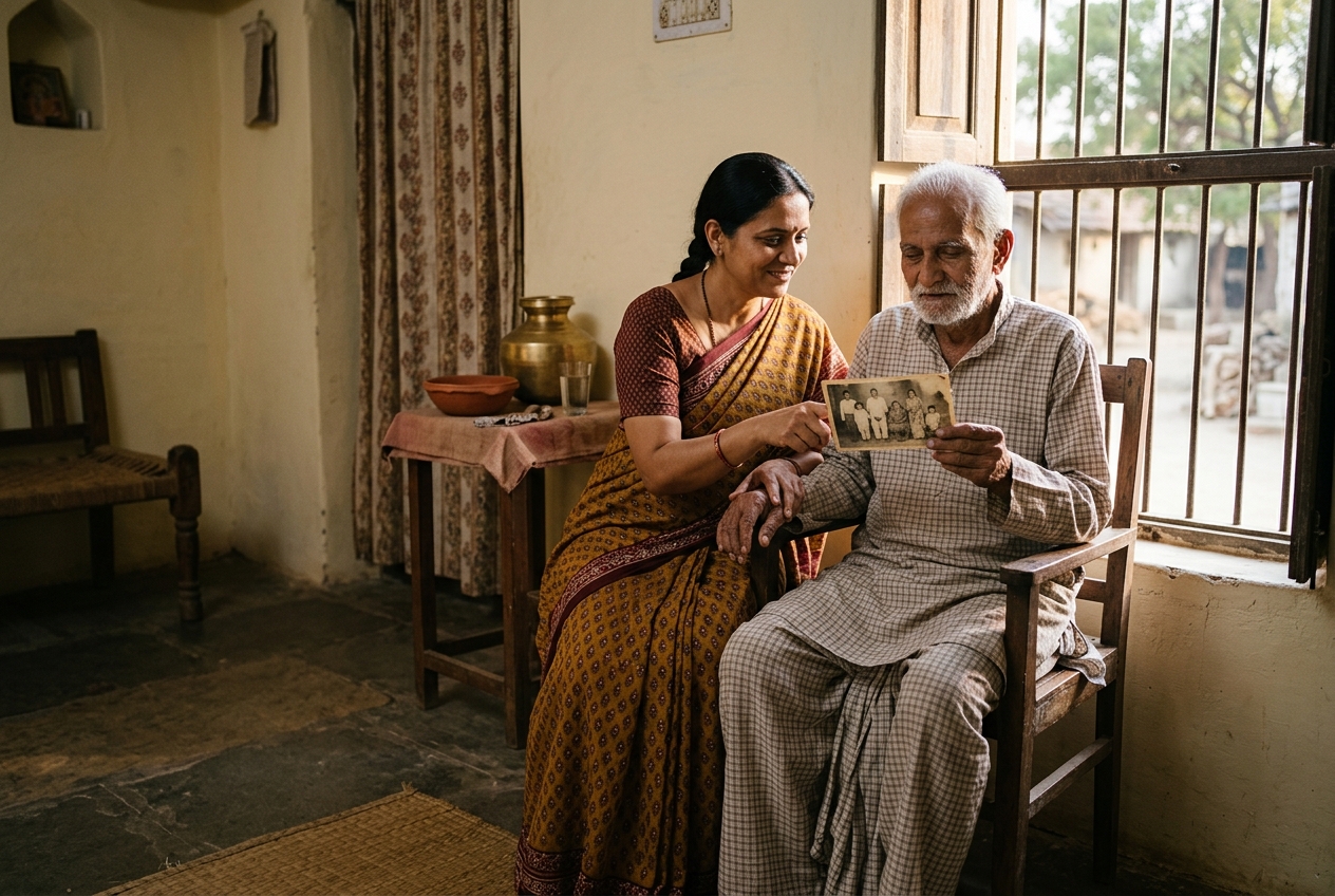 An elderly man being shown an old photograph by his daughter