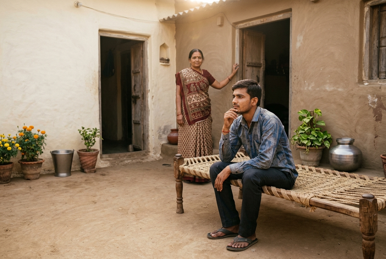 A young man sitting in a home courtyard with his mother nearby