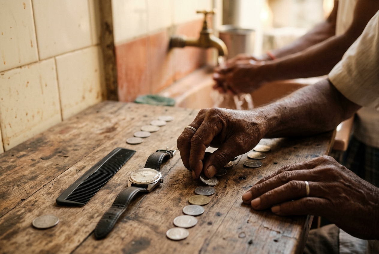 Hands arranging small everyday objects in precise rows on a wooden table