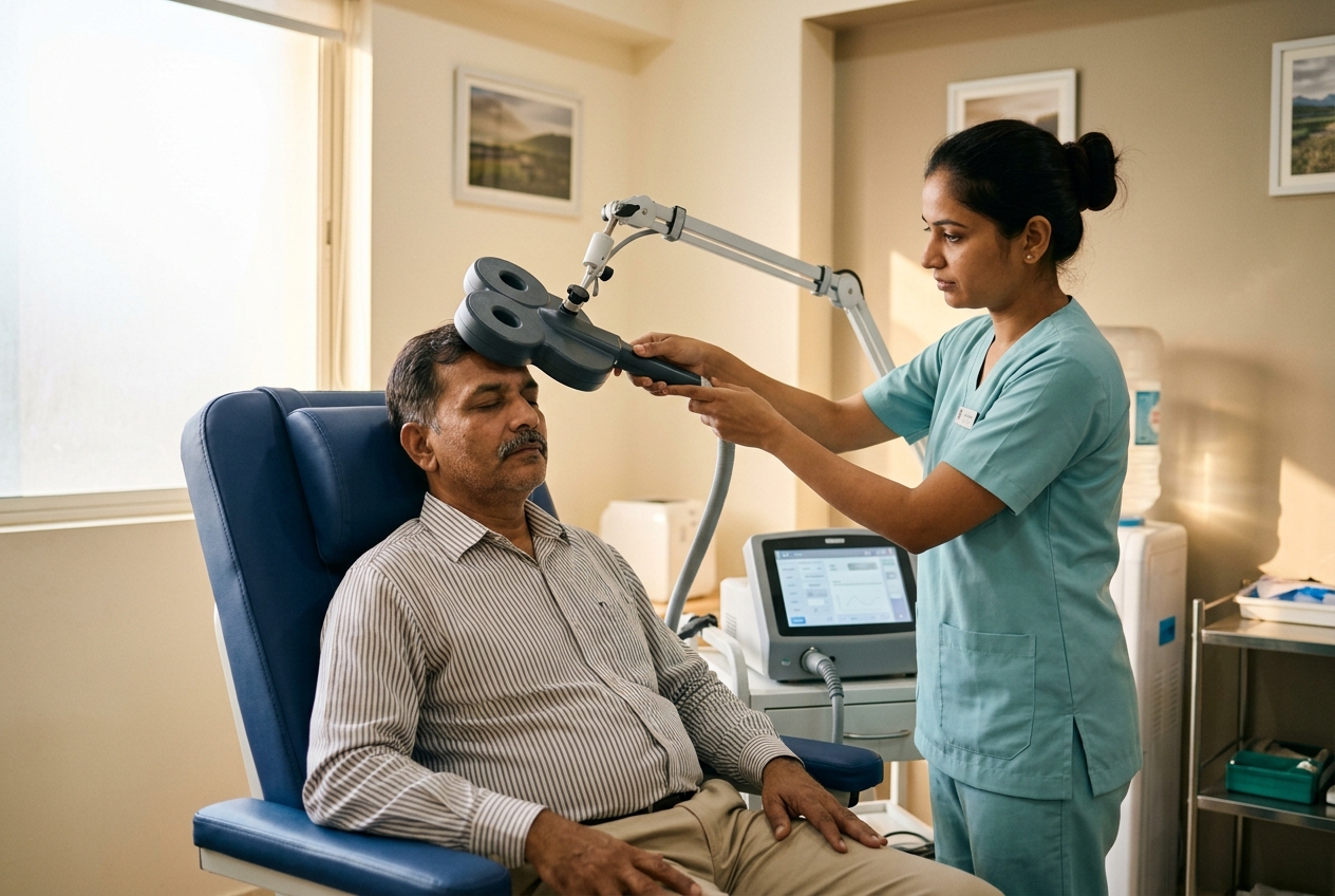 A patient seated in the rTMS chair at Manas Hospital with the figure-of-eight coil positioned over the scalp