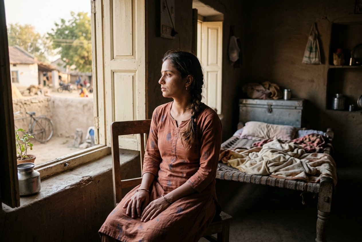 A young woman sitting quietly by a window in a home in Gujarat