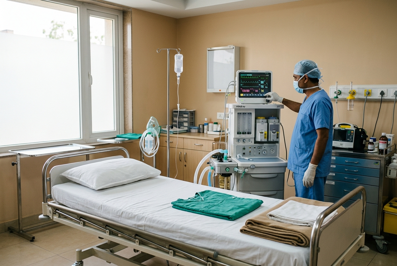 A monitored procedure room with anaesthesia machine and vital-signs monitor prepared for modified brief pulse therapy