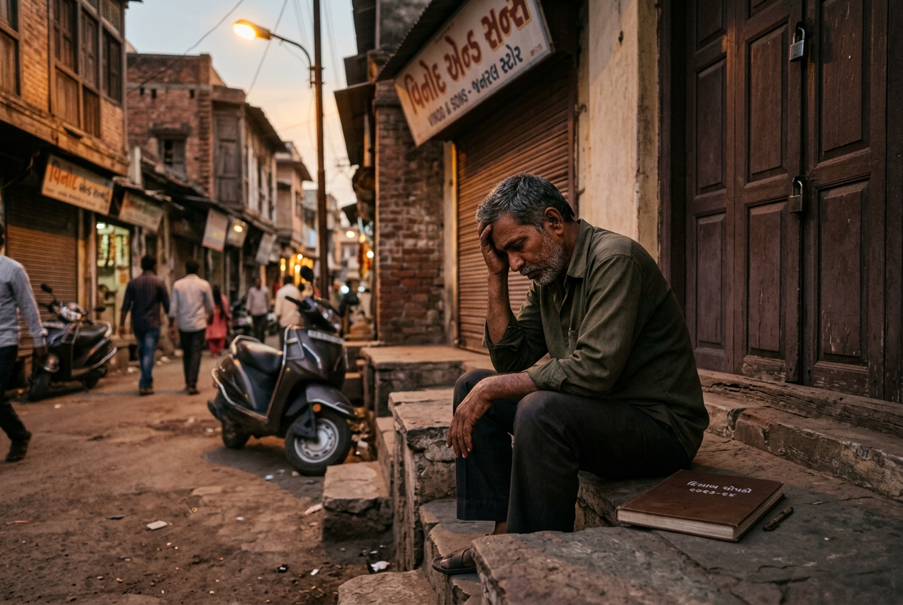 A man sitting alone on steps outside a closed shop at dusk