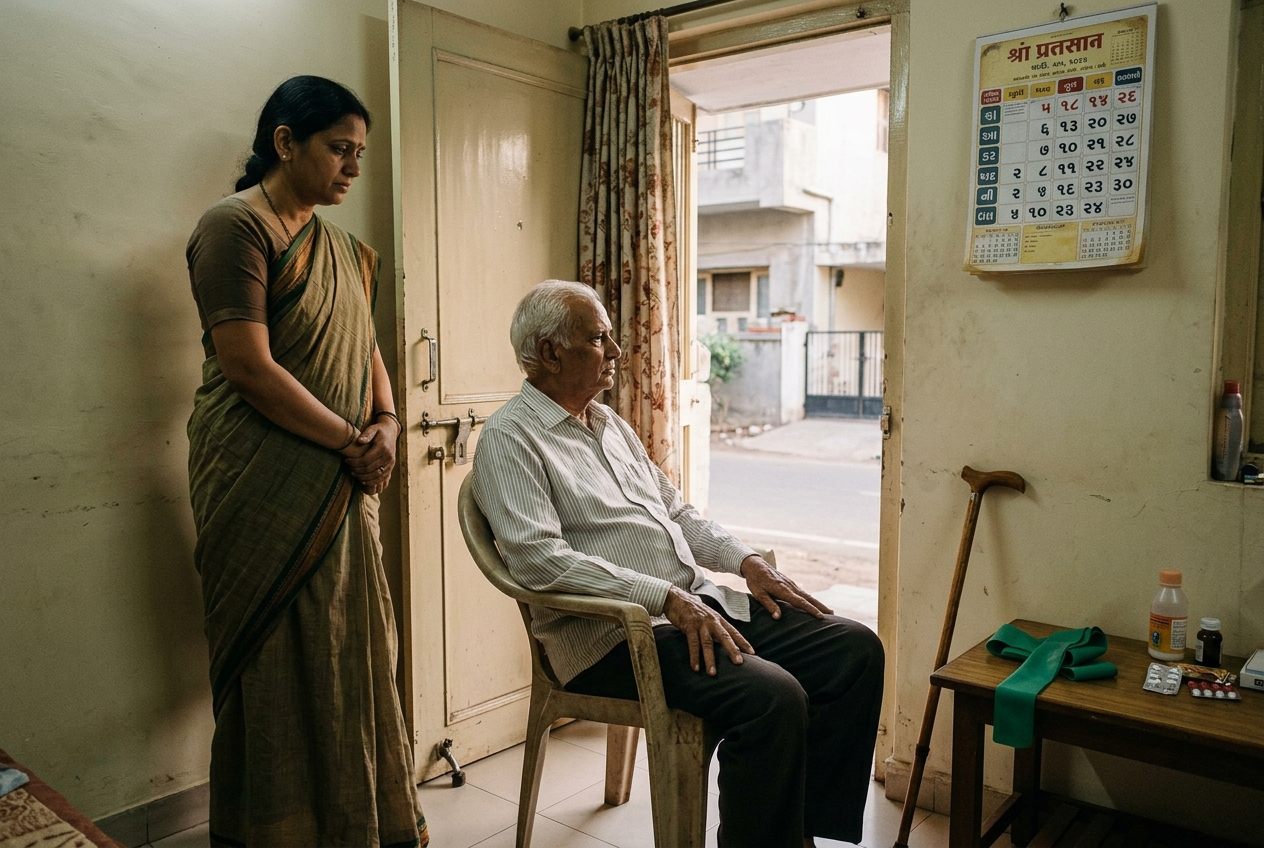 An elderly stroke survivor sitting listlessly at home while his daughter looks on with concern