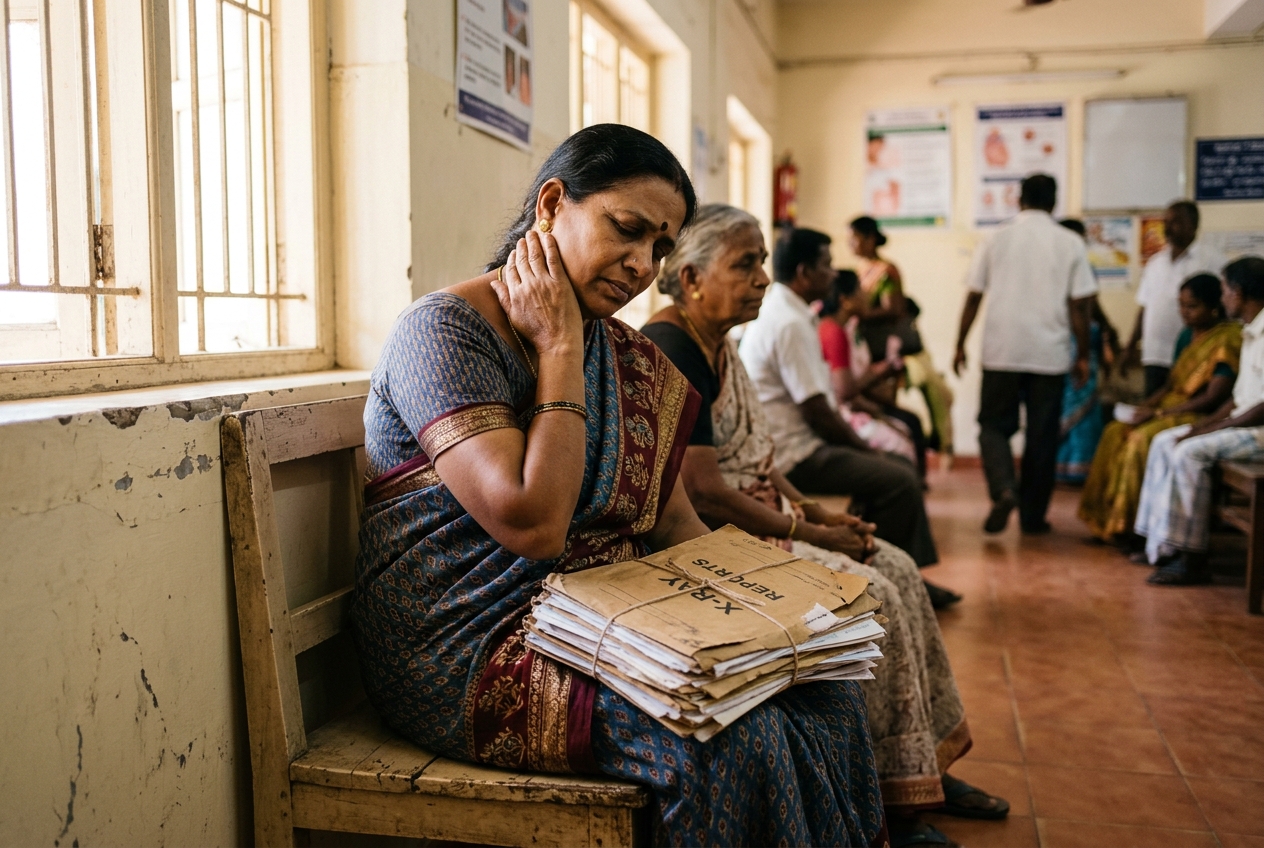A woman waiting in a clinic holding a bundle of old medical reports